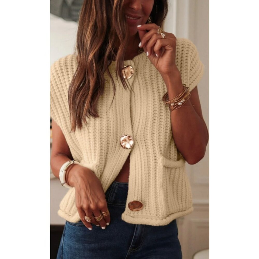 Cream Solid Textured Knit Side Pockets Buttoned Sweater Vest